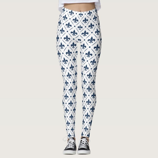 Leggings Patrón azul oscuro Fleur De Lis sobre fondo blanco (Anverso)