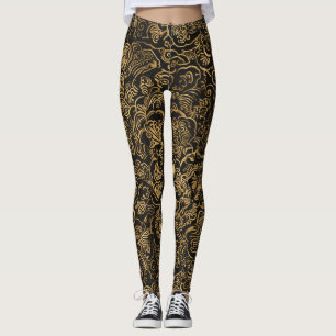 Leggings Patrón barroco floral dorado sobre negro