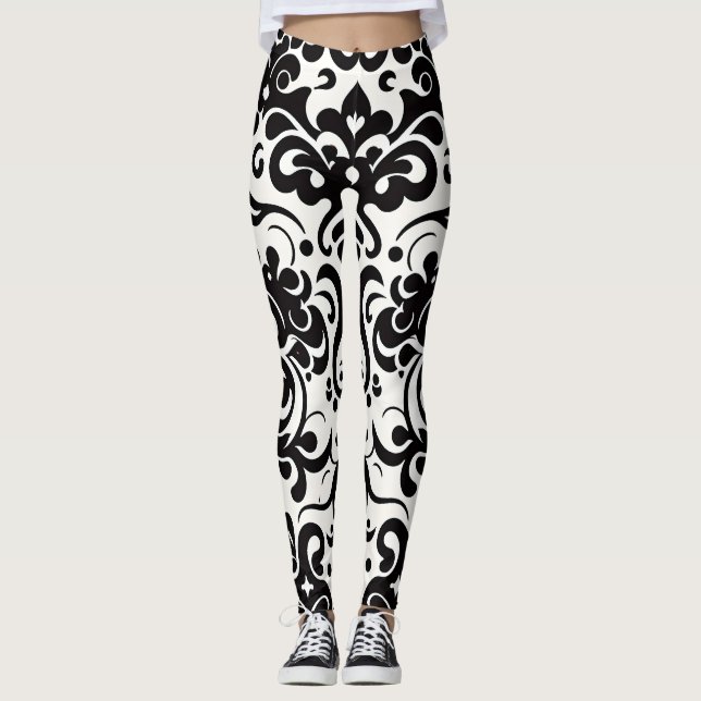 Leggings Patrón blanco negro de damasco africano (Anverso)