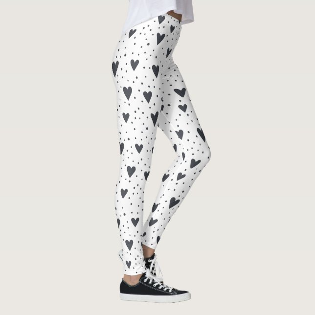 Leggings Patrón blanco y negro de puntos de polka y corazón (Derecha)