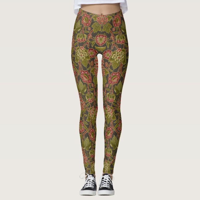 Leggings Patrón Botánico Antiguo de Flores Rojas y Uvas (Anverso)