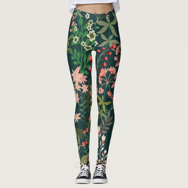 Leggings Patrón Botánico de Flores Oscuras Sin Marea (Anverso)