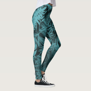 Leggings Patrón botánico de hojas de palma azul verde azu