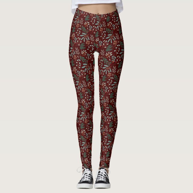 Leggings Patrón botánico de invierno rojo (Anverso)