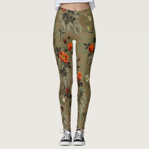 Leggings Patrón Botánico de Rosa Naranja Floral Oscuro Vint