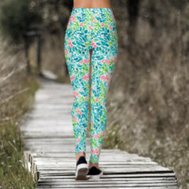 Leggings Patrón Botánico Floral de Acuarela en Verde Azul T
