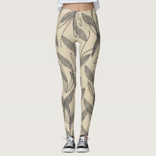 Leggings Patrón botánico moderno de medio siglo Beige gris