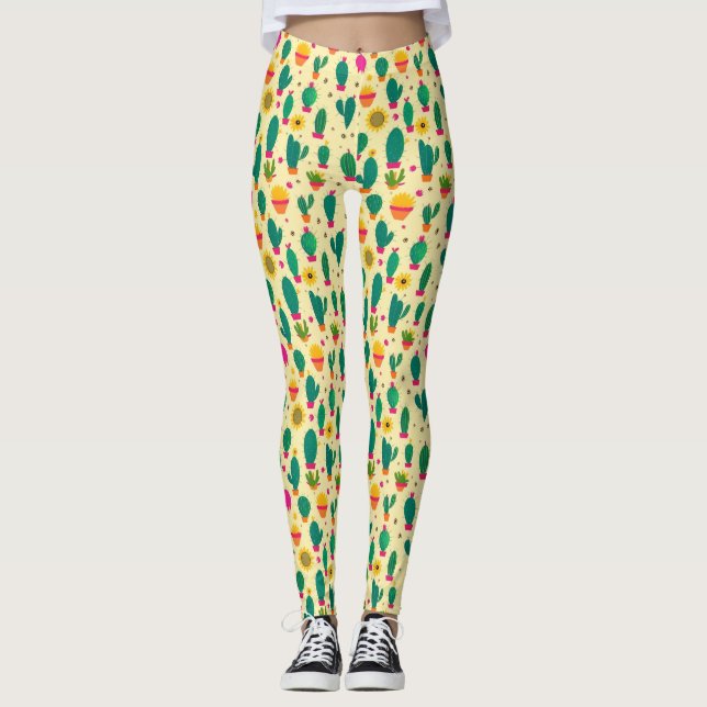Leggings Patrón Cactus Amarillo Impresión de tela Kawaii (Anverso)