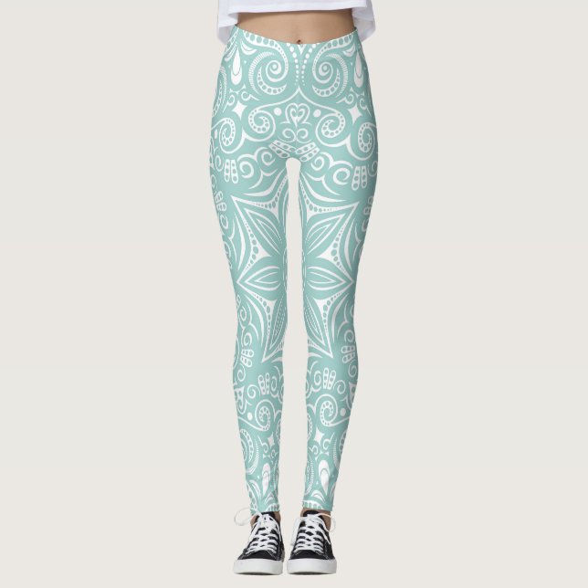 Leggings Patrón caprichoso azul turquesa y blanco (Anverso)