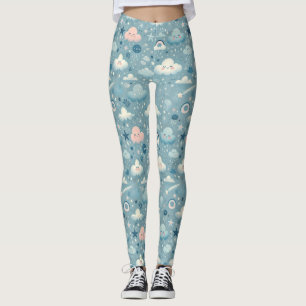 Leggings Patrón caprichoso de cielo con nubes, estrellas - 
