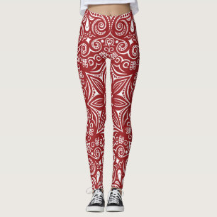 Leggings Patrón caprichoso rojo oscuro y blanco