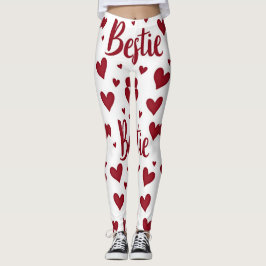 Leggings Patrón cardíaco con texto "Bestie" en rojo cursivo