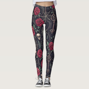 Leggings Patrón celeste floral de cráneo gótico (4)