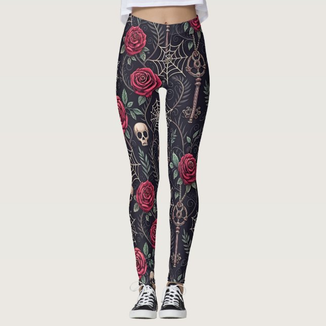 Leggings Patrón celeste floral de cráneo gótico (4) (Anverso)