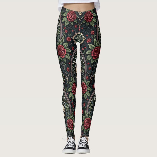 Leggings Patrón Celestial Floral de Cráneo Gótico (3) (Anverso)