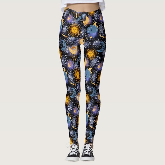 Leggings Patrón celestial mágico estrellas lunares negro (Anverso)
