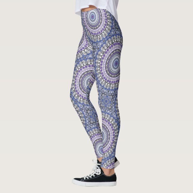 Leggings Patrón circular geométrico de Mandala azul y púrpu (Izquierda)