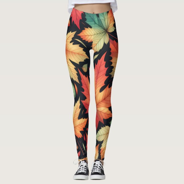 Leggings Patrón Colorido de Hojas de Arce de Otoño  (Anverso)