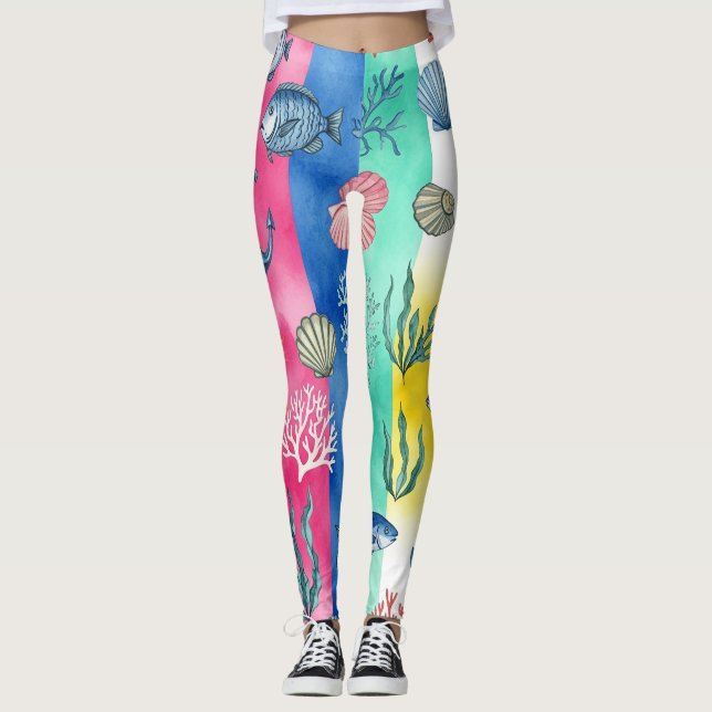 Leggings Patrón Colorido de Vida Marina Costera (6) (Anverso)