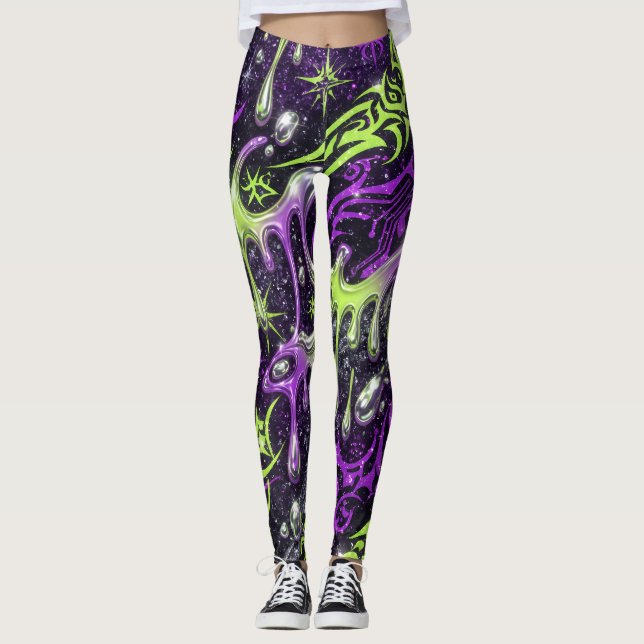 Leggings Patrón continuo de baba tribal neón Y2K (Anverso)