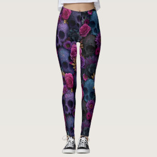 Leggings Patrón continuo de cráneo floral gótico oscuro