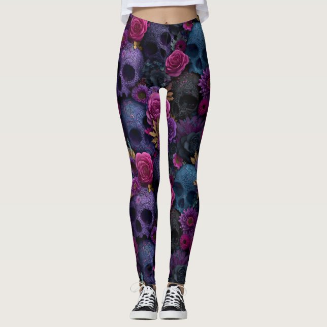 Leggings Patrón continuo de cráneo floral gótico oscuro (Anverso)