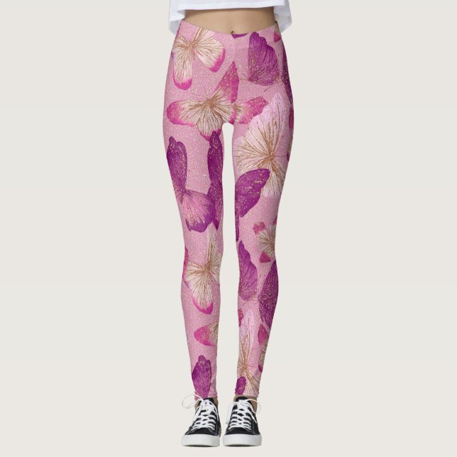 Leggings Patrón continuo de mariposa brillante rosa (Anverso)