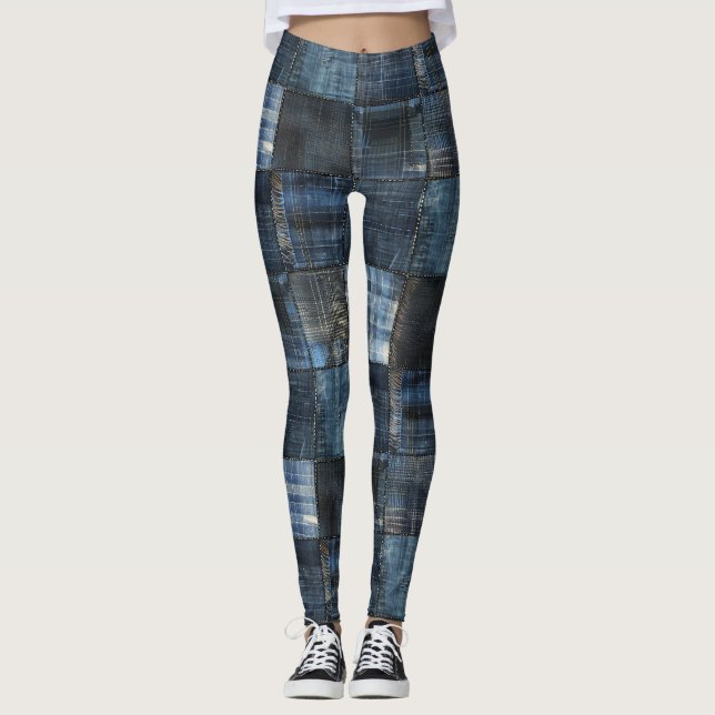 Leggings Patrón continuo de retazos de mezclilla índigo (Anverso)