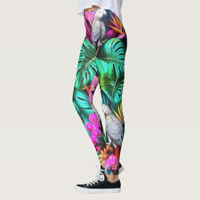 Leggings Patrón continuo de superficie de selva con loros g (Izquierda)
