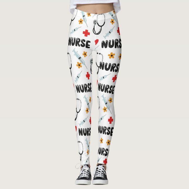Leggings Patrón continuo de vida de enfermera blanca (2) (Anverso)