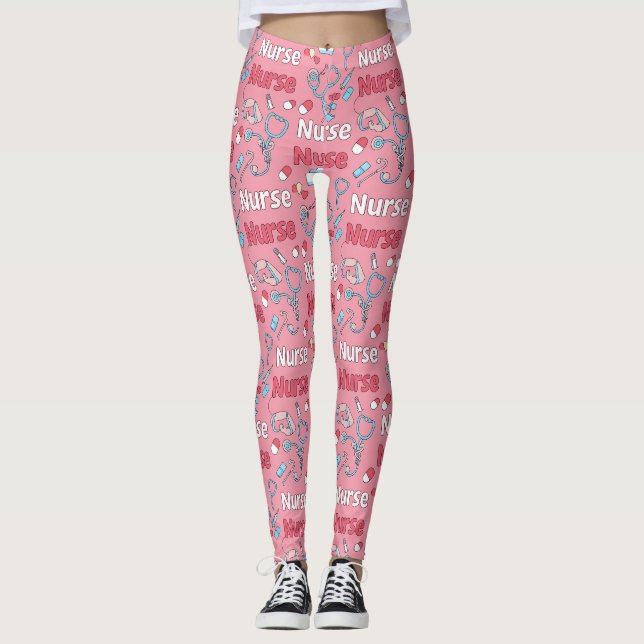 Leggings Patrón continuo de vida de enfermera rosa (1) (Anverso)
