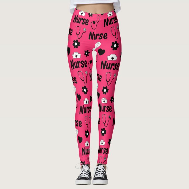 Leggings Patrón continuo de vida de enfermera rosa (2) (Anverso)