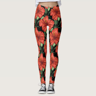 Leggings Patrón continuo Flores rojas tropicales hojas verd