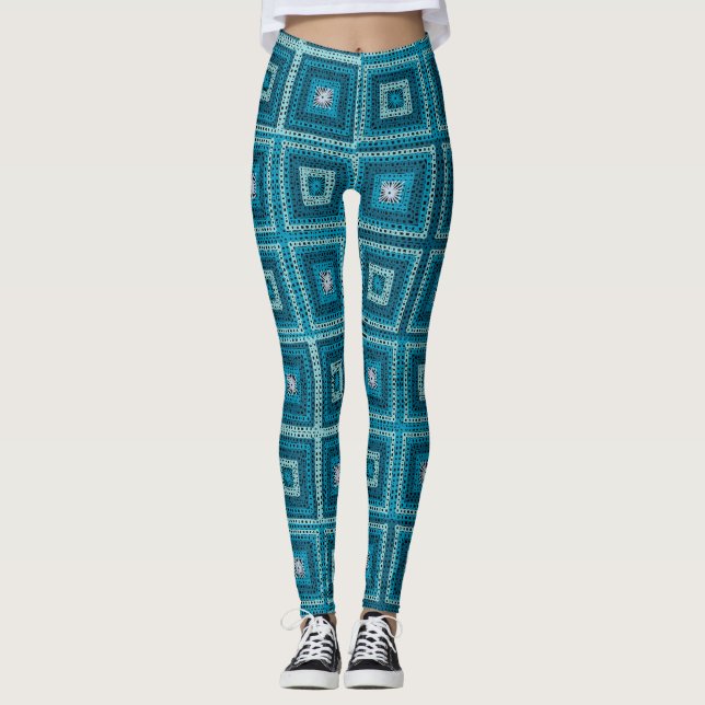 Leggings Patrón cuadrado de grano azul (Anverso)