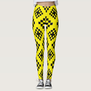 Leggings Patrón cuadrado geométrico mosaico negro y amarill
