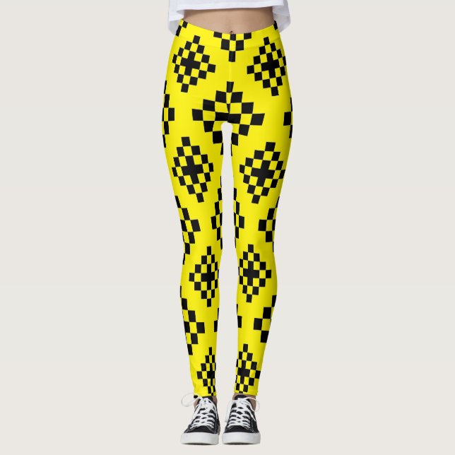 Leggings Patrón cuadrado geométrico mosaico negro y amarill (Anverso)