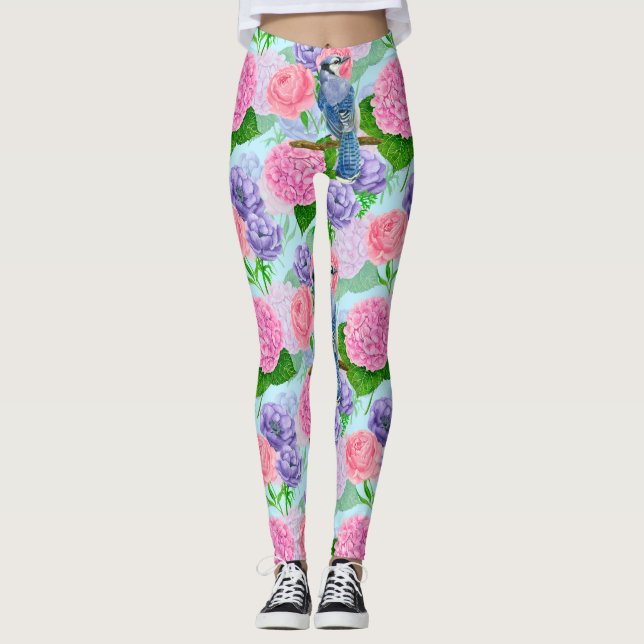 Leggings Patrón de acuarela azul y flores (Anverso)