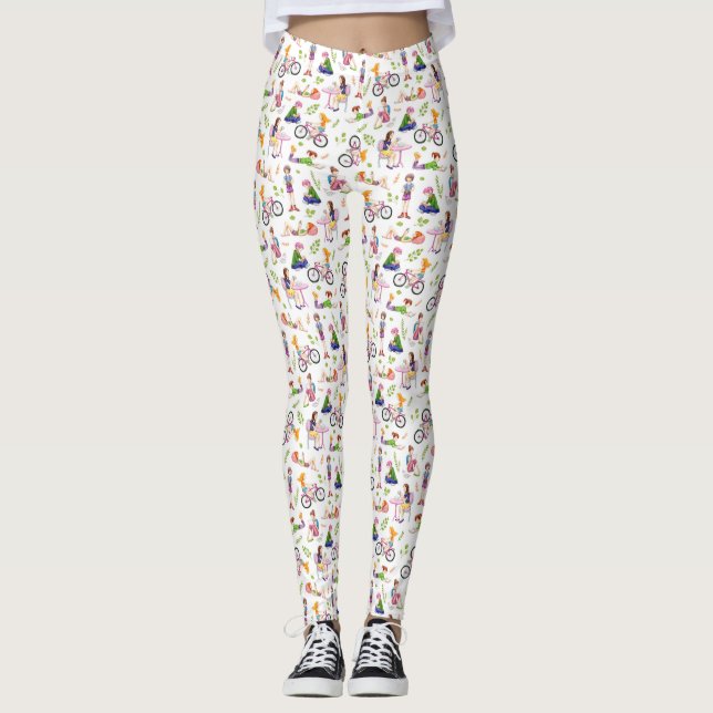 Leggings Patrón de acuarela de Chicas ocupados (Anverso)