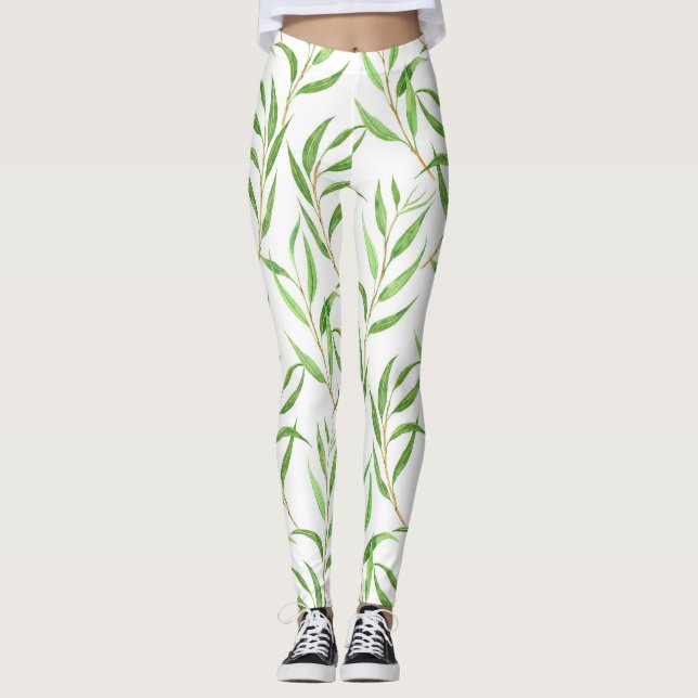 Leggings Patrón de acuarela de eucalipto sobre blanco (Anverso)
