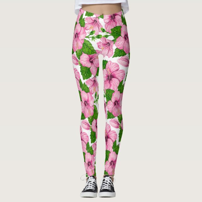 Leggings Patrón de acuarela de hibiscos rosados (Anverso)