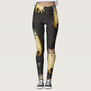 Leggings Patrón de acuarela de las flores de gatos cúrcules
