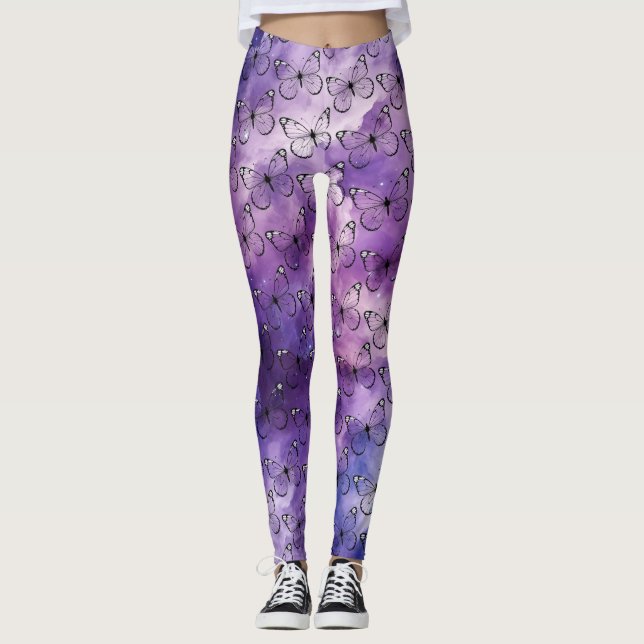 Leggings Patrón de acuarela de mariposa púrpura (Anverso)