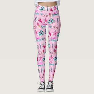 Leggings Patrón de acuarela de playa de verano rosa femenin