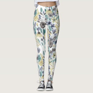 Leggings Patrón de acuarela floral amarillo gris moderno