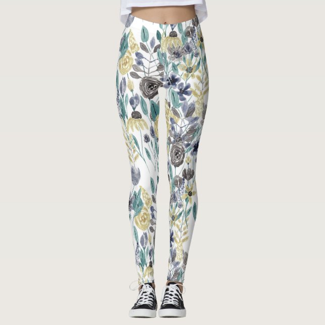 Leggings Patrón de acuarela floral amarillo gris moderno (Anverso)