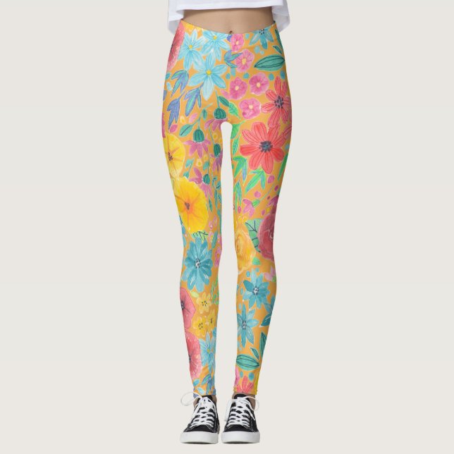 Leggings Patrón de acuarela floral en amarillo (Anverso)