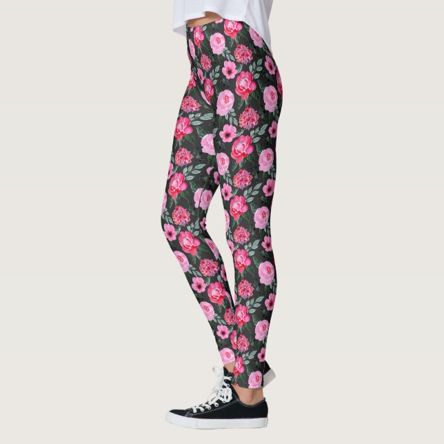 Leggings Patrón de acuarela floral gris rosa y gris bonito (Izquierda)