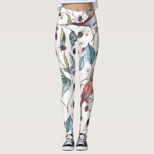 Leggings Patrón de acuarela natural: moras negras, aves, f (Anverso)
