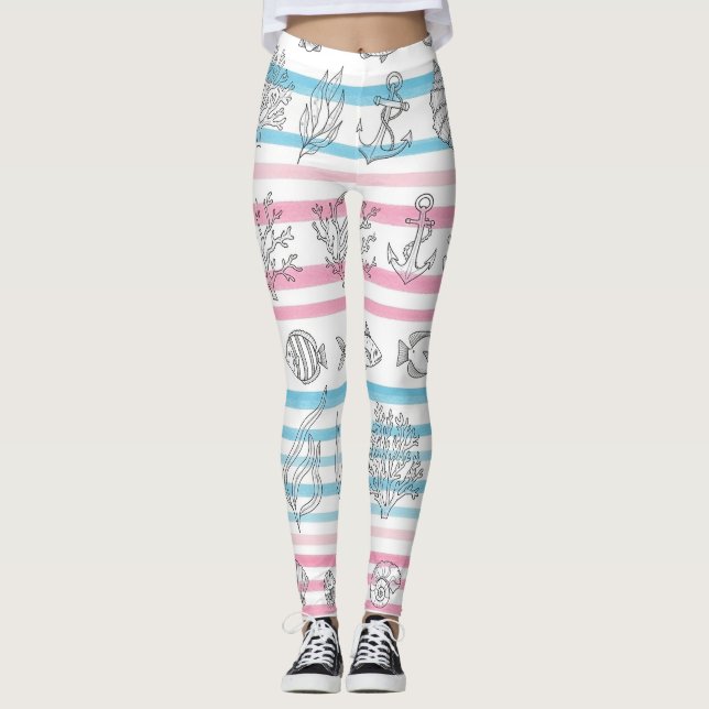 Leggings Patrón de Acuarela Náutica Retro (12) (Anverso)