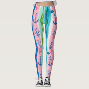 Leggings Patrón de acuarela náutica retro (4)
